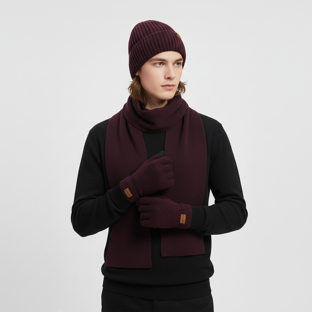 Premium quality knitted hat, scarf, and gloves set, designed for unisex winter wear.