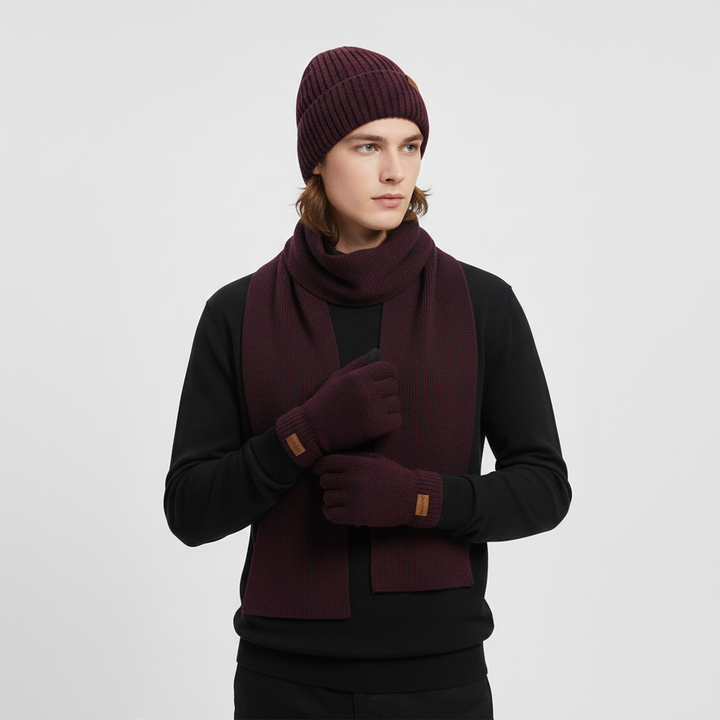 Premium quality knitted hat, scarf, and gloves set, designed for unisex winter wear.