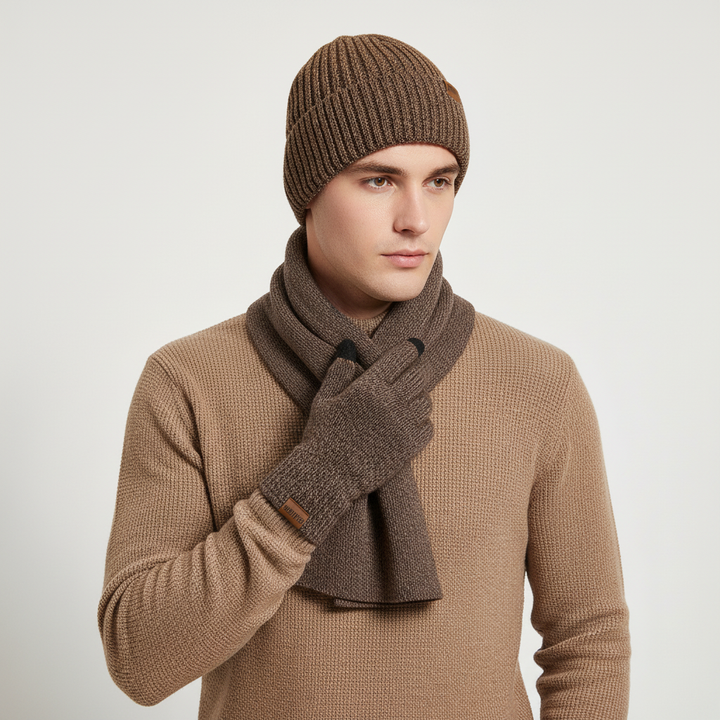 Practical and stylish unisex winter knitted set: hat, scarf, and gloves for cold days.