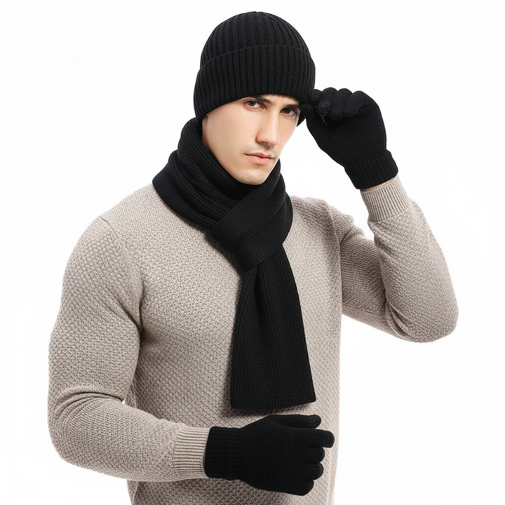 Warm winter accessory set for men and women, includes knitted beanie, long scarf, and gloves.