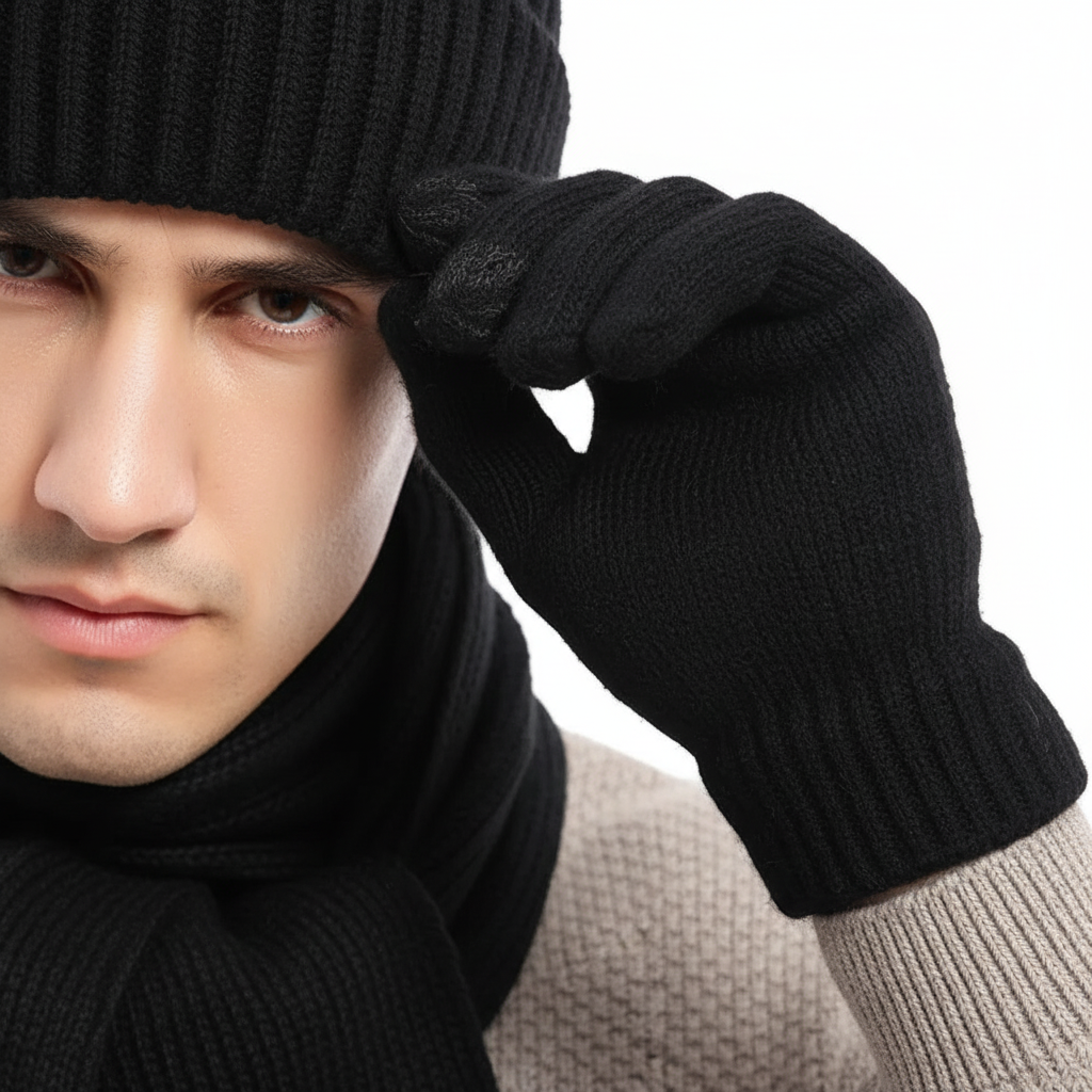 Gray unisex knit hat, scarf, and gloves set, perfect for winter outfits and cold weather.