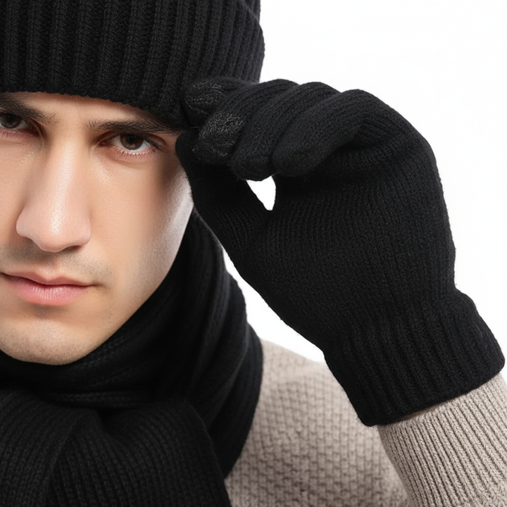 Gray unisex knit hat, scarf, and gloves set, perfect for winter outfits and cold weather.