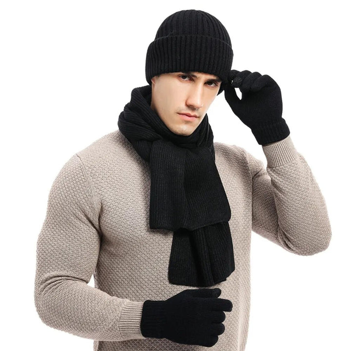 Cozy knitted winter hat, scarf, and matching gloves, a complete warm fashion accessory set.