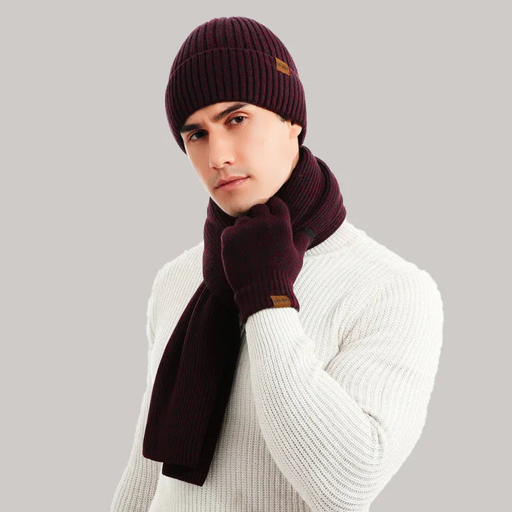Fashionable cold weather gear for him or her: knitted hat, scarf, and gloves trio.