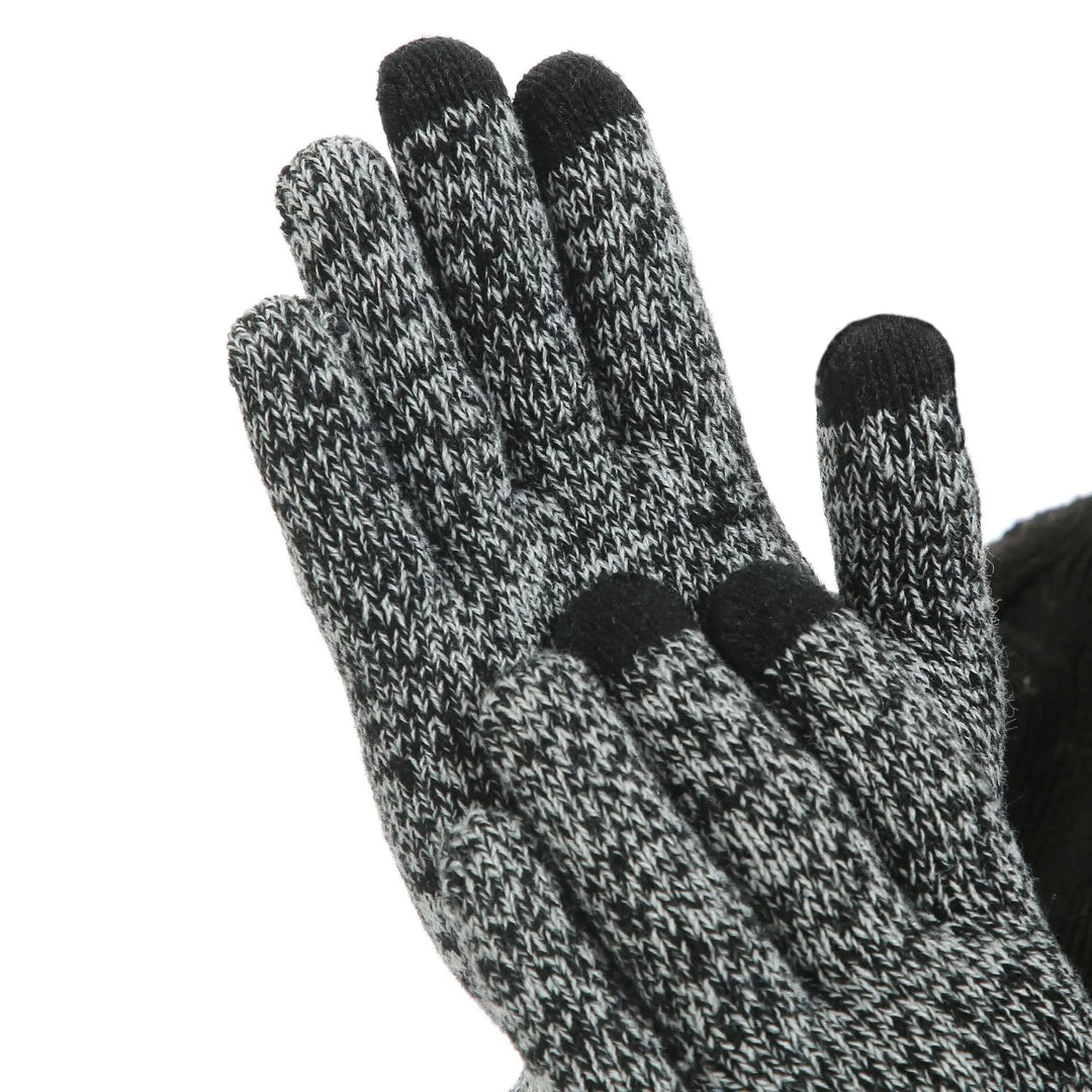 Warm, knitted hat, scarf, and gloves in a stylish gray, perfect for winter adventures.
