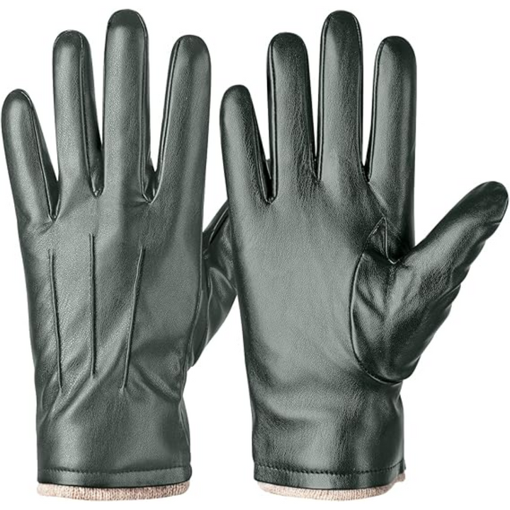 Stylish black winter touchscreen gloves, made of leather, offering warmth and tech use