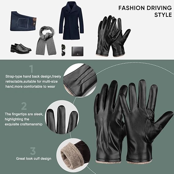 TouchLuxe unisex winter leather gloves with touchscreen functionality and wool lining
