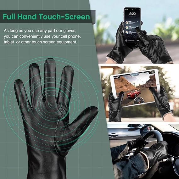 Premium PU leather winter gloves, insulated with wool, for touchscreen use and warmth