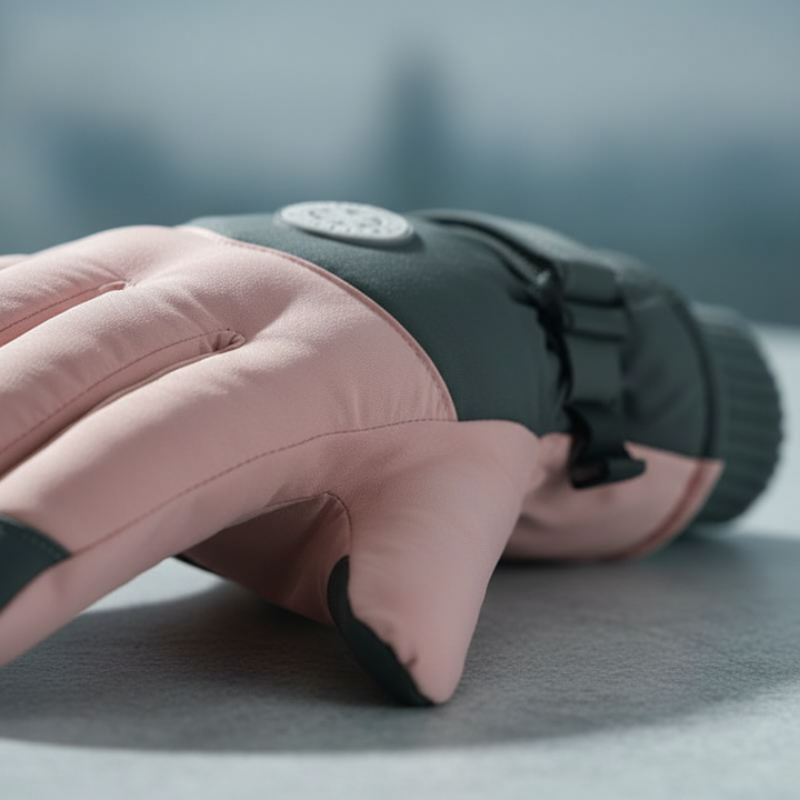 Close-up of black unisex winter gloves showing touchscreen sensitive fingertips and fleece material
