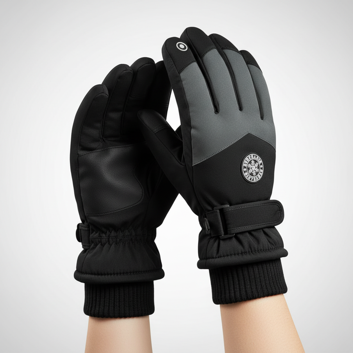Model wearing black unisex winter thermal touchscreen gloves, highlighting warmth and flexibility