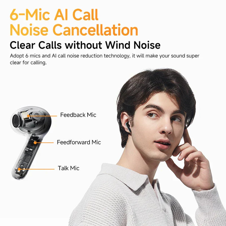 Wireless ANC earbuds with HD sound, charging in their compact case, long playback.