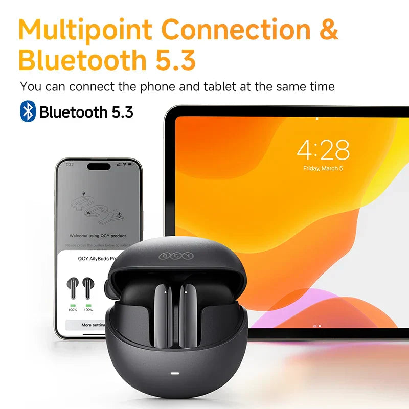 Sleek black wireless ANC earbuds, emphasizing adaptive audio and Bluetooth connectivity.