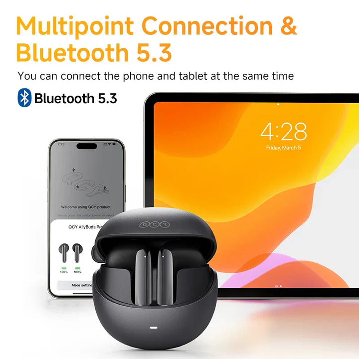 Sleek black wireless ANC earbuds, emphasizing adaptive audio and Bluetooth connectivity.