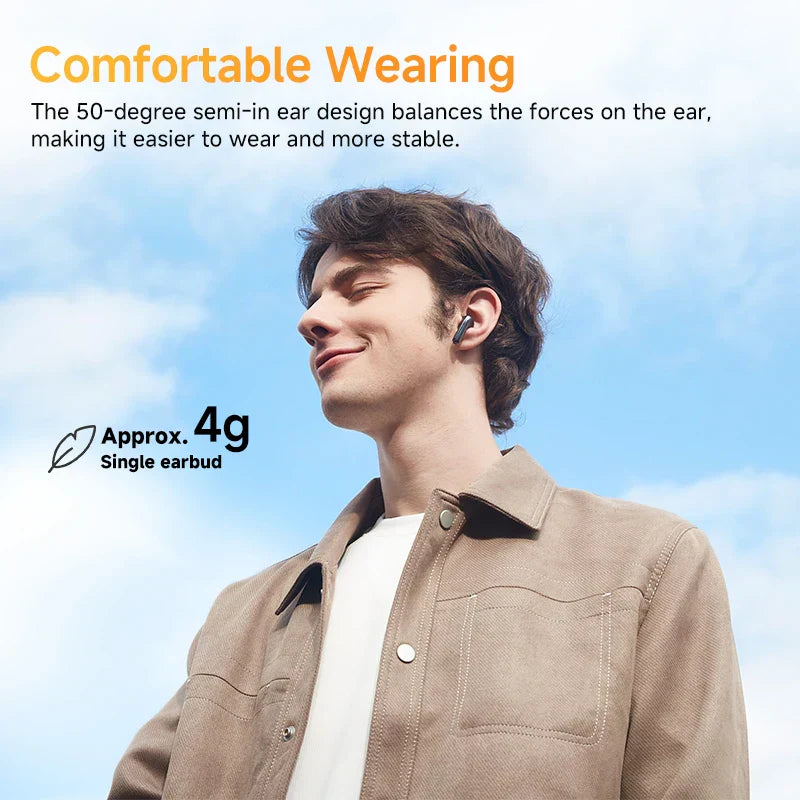 Unisex wireless earbuds, ANC with LDAC, placed on a clean surface, ready for use.