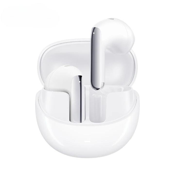 Close-up of a black wireless ANC earbud, highlighting its design and adaptive sound.