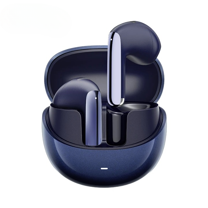 Black wireless earbuds with active noise cancellation and adaptive audio features.