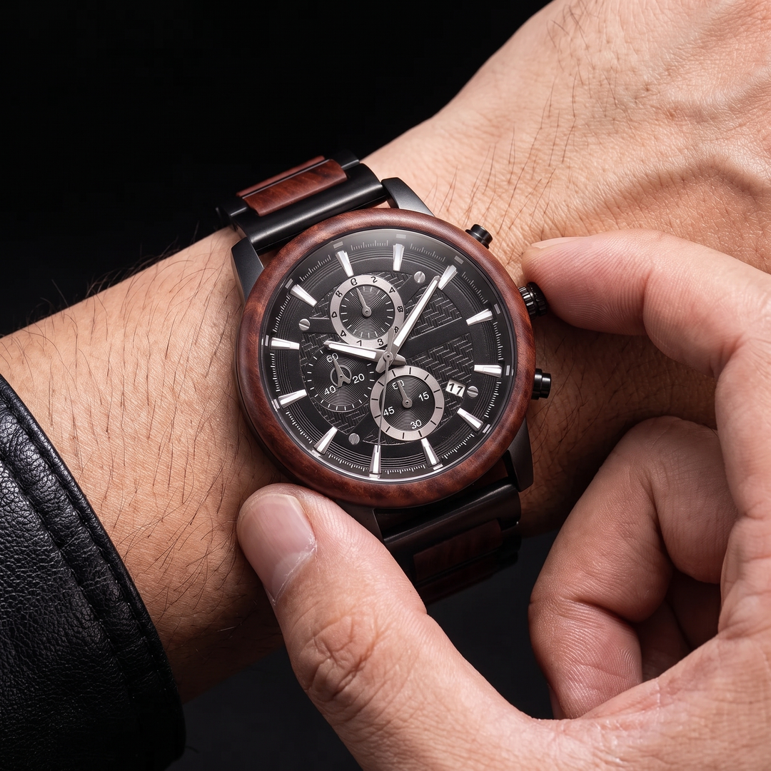 Unisex wooden quartz watch with calendar display. Natural wood design, perfect for daily wear & casual style.