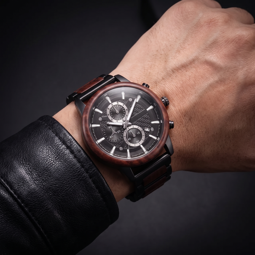 Elegant natural wood quartz watch, calendar display. Unique unisex design, a stylish fashion accessory.