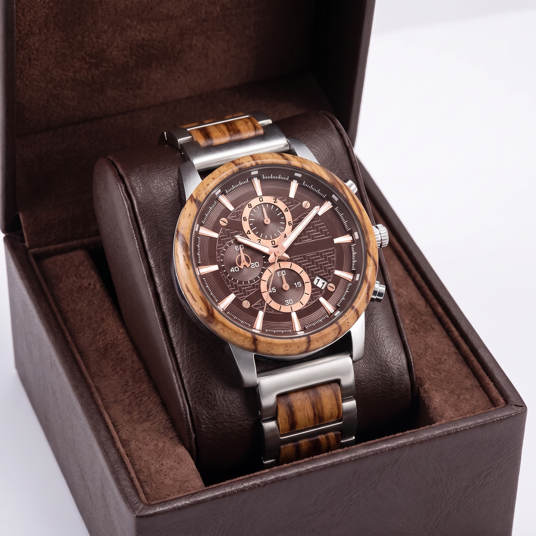 Unique wooden quartz watch featuring a clear calendar display. Unisex design for a distinctive fashion statement.