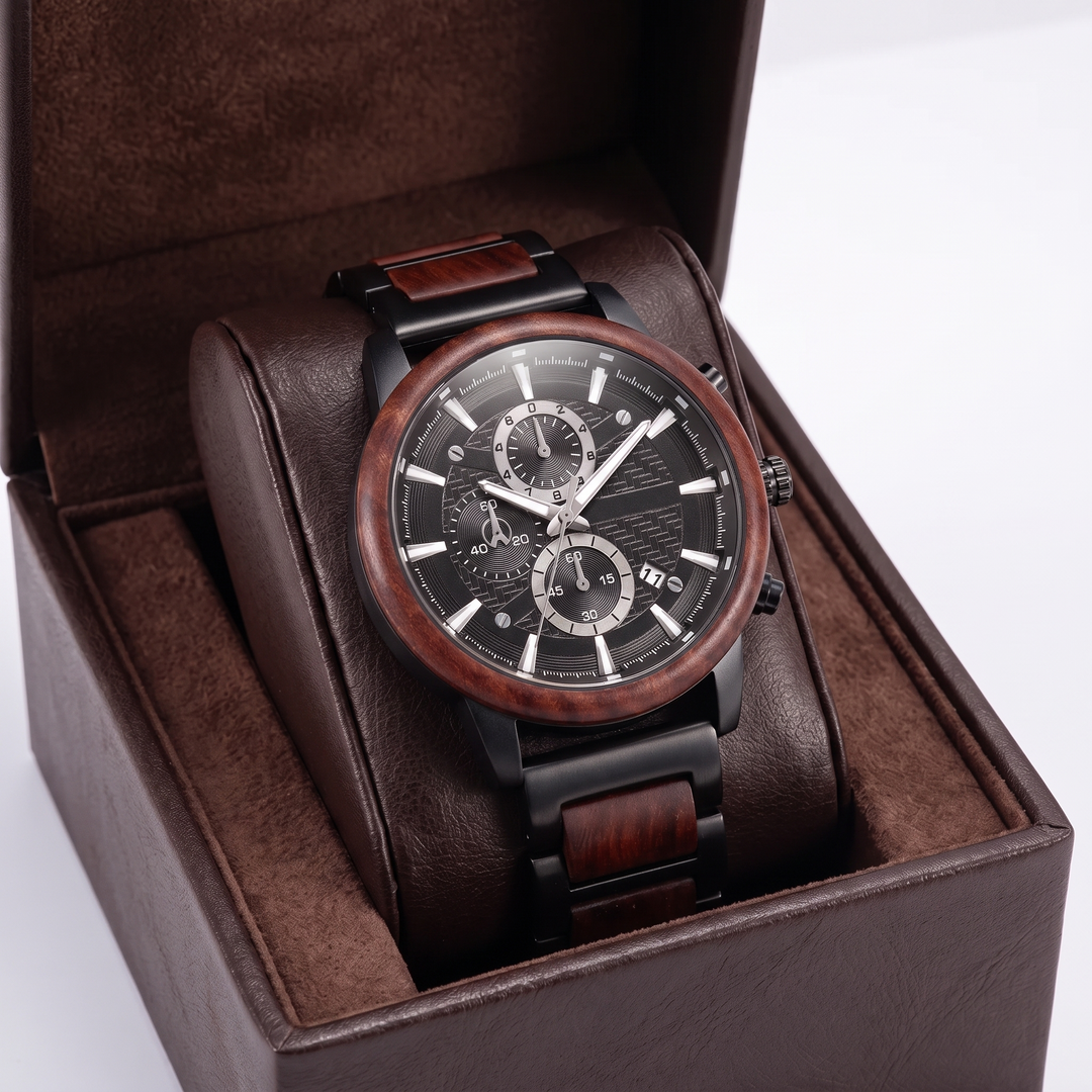 Handcrafted natural wood quartz watch, calendar function. Unisex design, ideal for casual and everyday fashion.