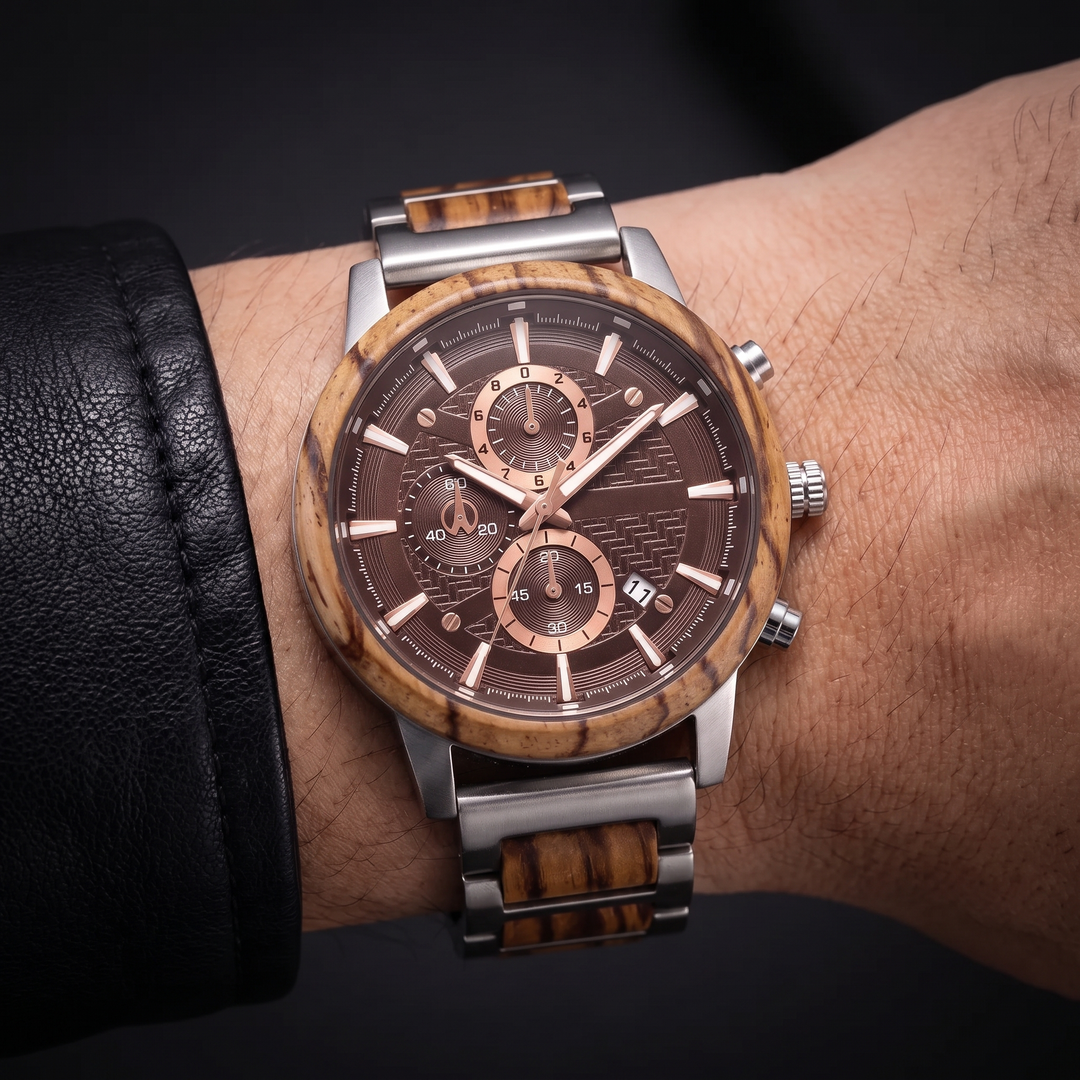 Stylish unisex wooden quartz watch with calendar display. A unique, natural wood timepiece for men and women.