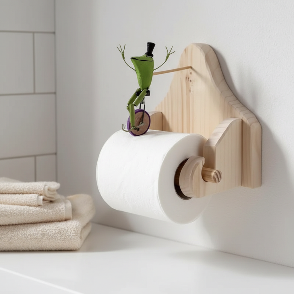 Unisex wooden wall-mounted toilet paper holder by FrogCycle, ideal for eco-friendly modern bathroom decor.