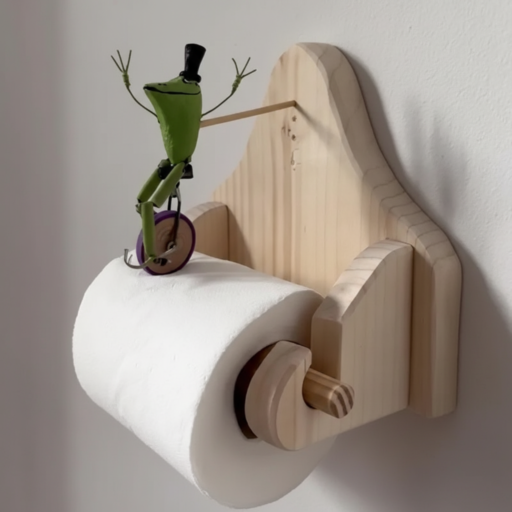 Stylish FrogCycle wooden toilet paper holder, wall-mounted for bathroom storage and home decor.