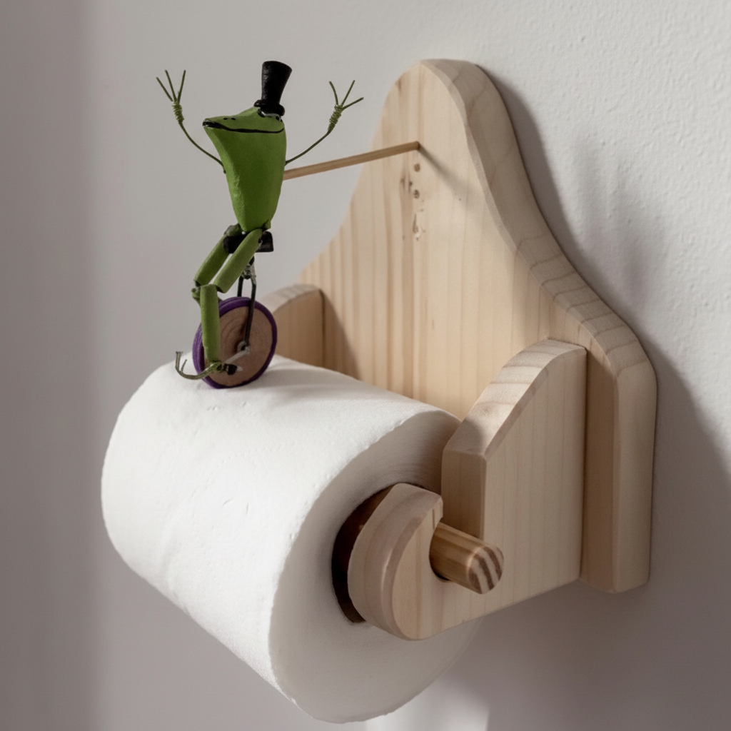 Eco-friendly wooden toilet paper holder, wall-mounted bathroom accessory by FrogCycle for compact storage.