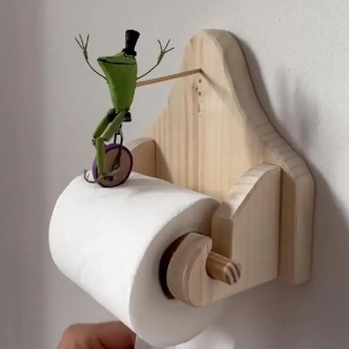 FrogCycle Unisex wooden wall-mounted toilet paper holder, an elegant solution for bathroom organization.