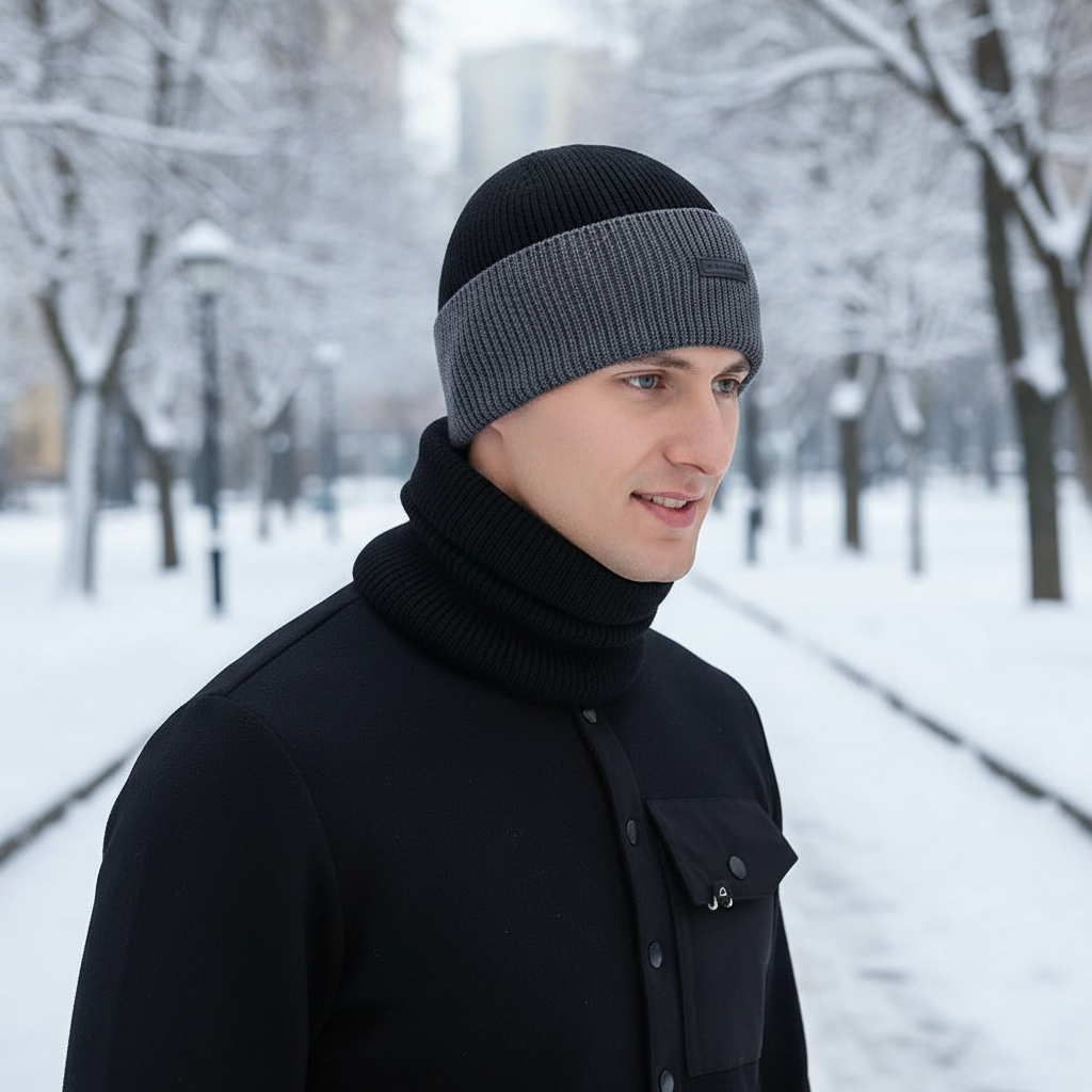 Unisex wool blend beanie and scarf set in grey, ideal for warm winter cold weather