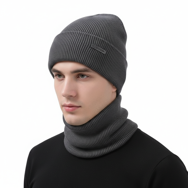 Knitted unisex wool blend beanie and scarf combo, providing comfort and warmth