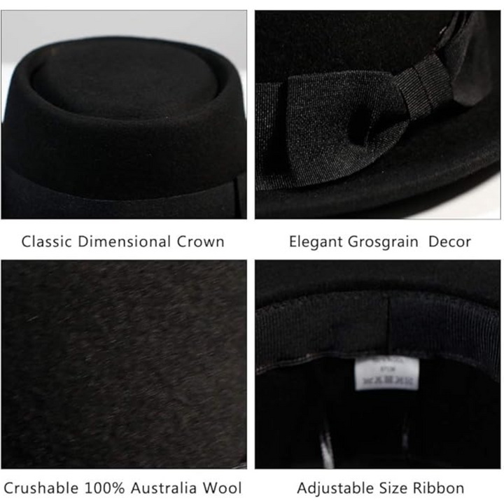Close-up of wool felt pork pie fedora hat texture, showcasing quality and classic unisex style.