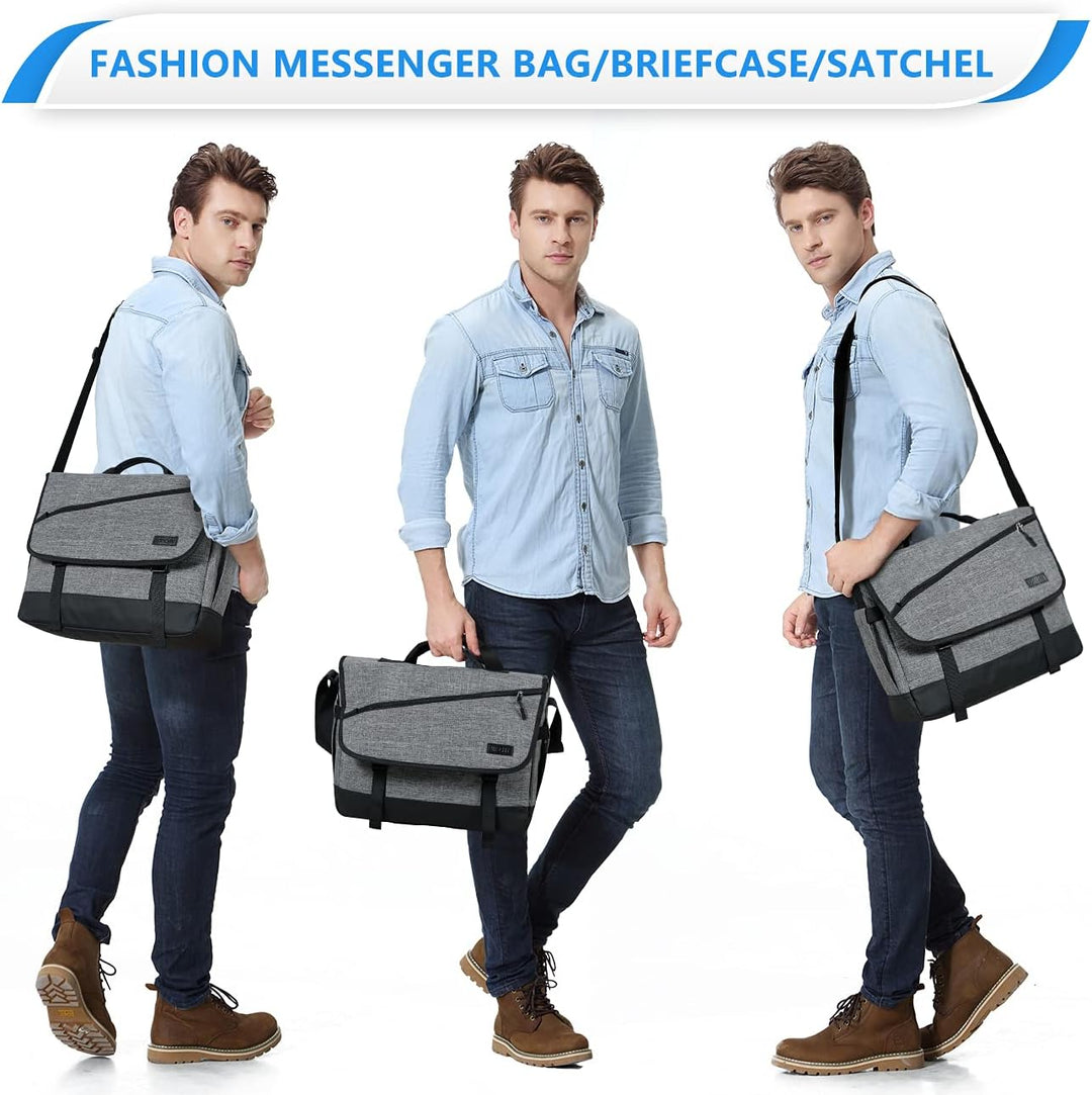 Sleek unisex briefcase-style water-resistant messenger bag for 17-inch laptops. Padded compartment & organization.