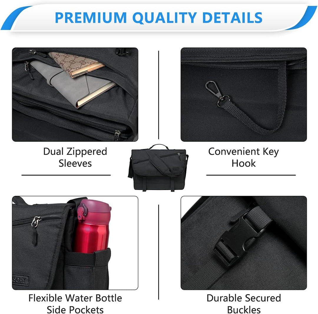 Padded commuter laptop bag, water-resistant for 17-inch laptops. Unisex design with adjustable strap for comfort.