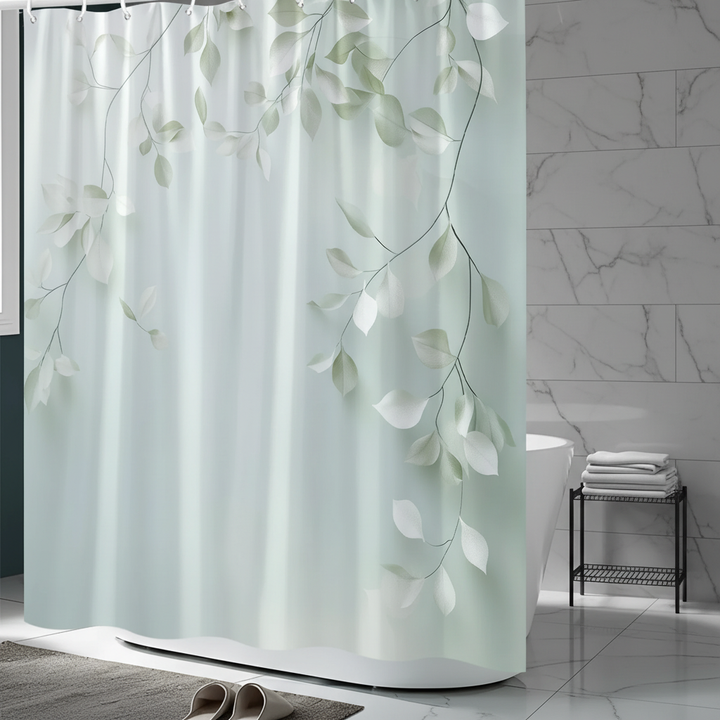 Unisex woven polyester shower curtain, calmweave, with a serene green leaf design for bathroom decor