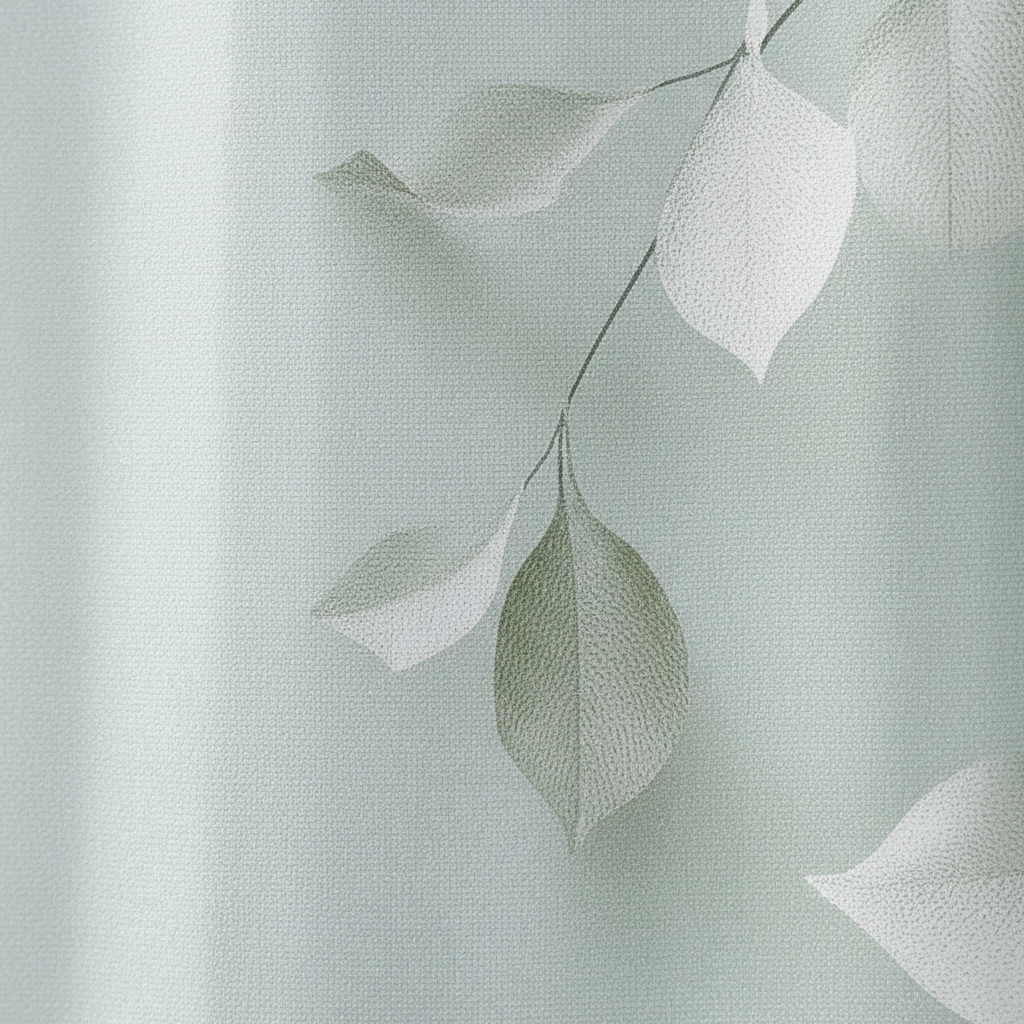 Washable Calmweave shower curtain, woven polyester, showcasing a decorative leaf design for home textiles