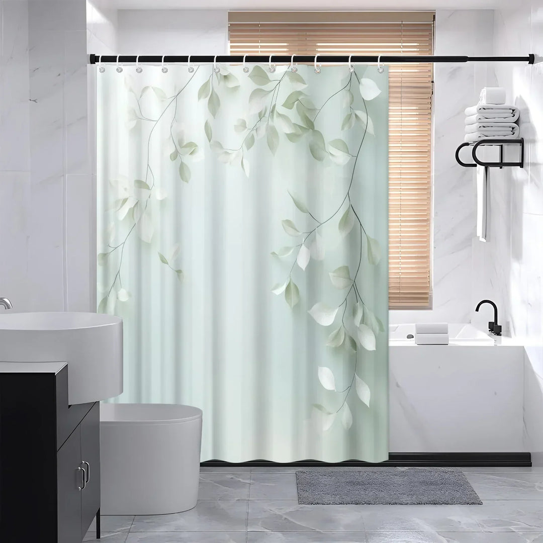 Modern bathroom decor: a durable polyester shower curtain with a stylish and calming leaf pattern