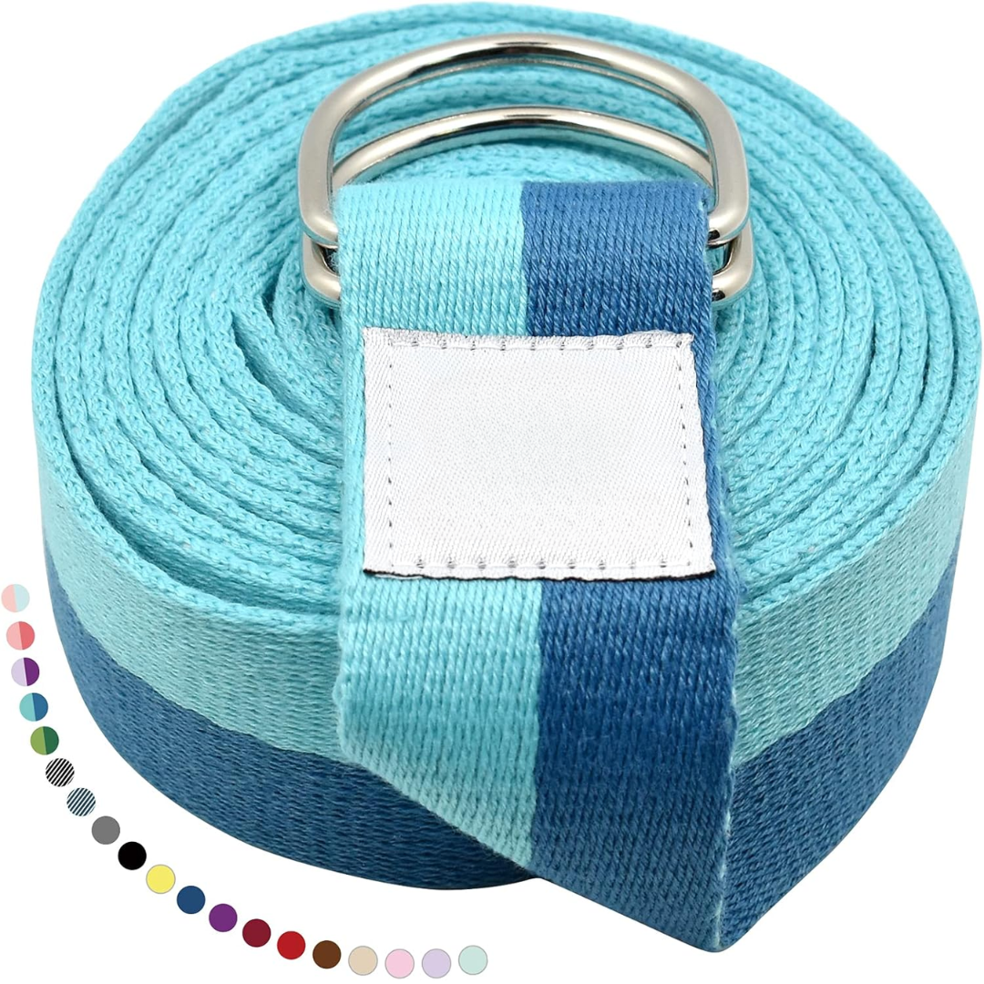 Yoga band for flexibility. Unisex design, features an adjustable D-ring buckle for effective stretching.