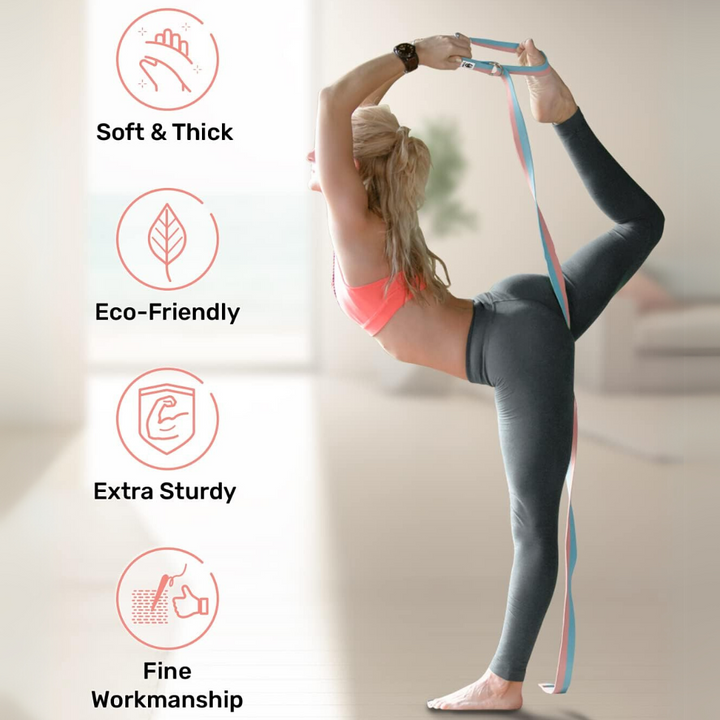 Long and durable yoga band with D-ring buckle for stretching, Pilates, and enhancing flexibility.