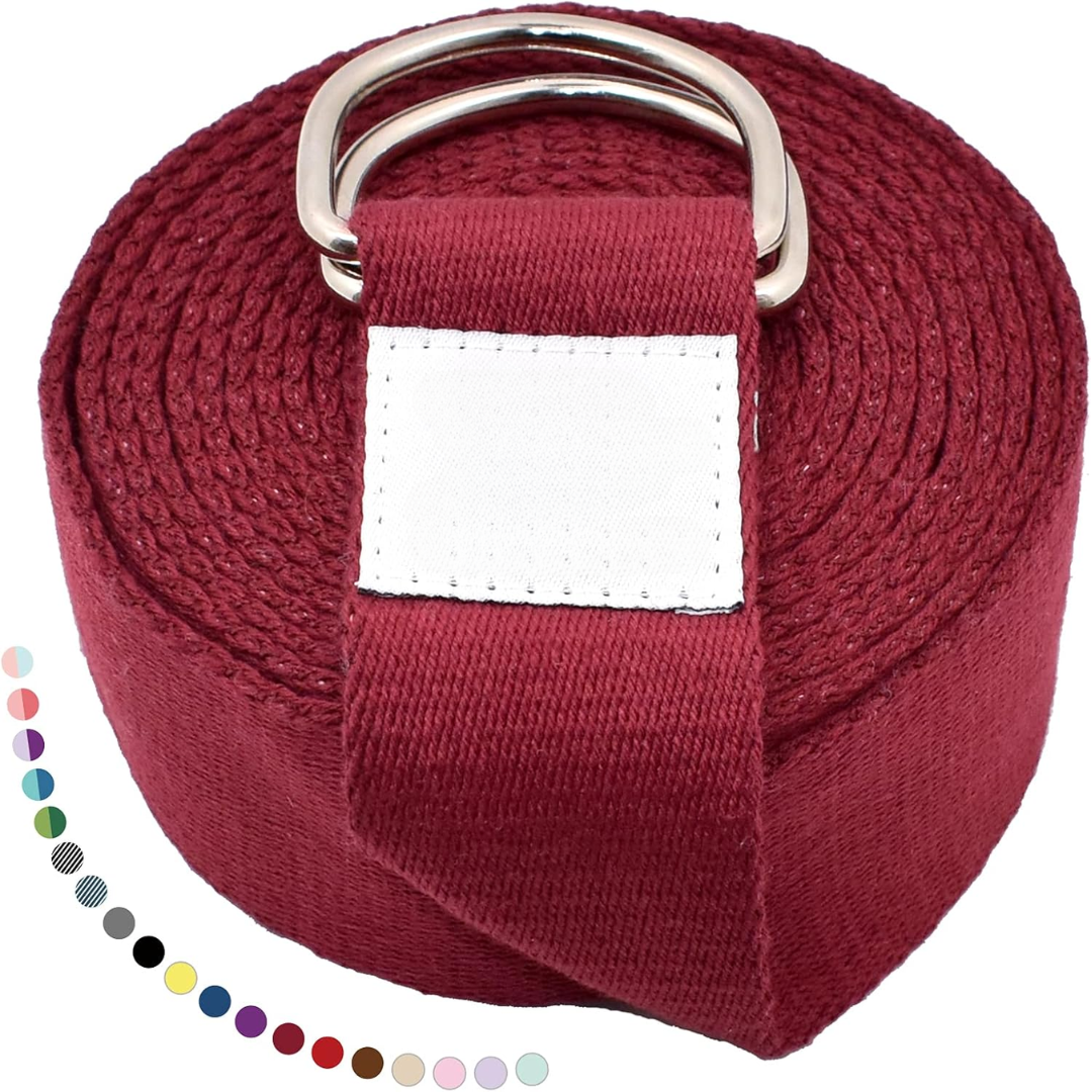 Unisex stretch strap for yoga and workouts. Features an adjustable D-ring buckle for improved flexibility.