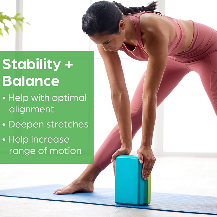 Athlete using a sturdy non-slip EVA foam yoga block to improve balance and stability during challenging exercises.