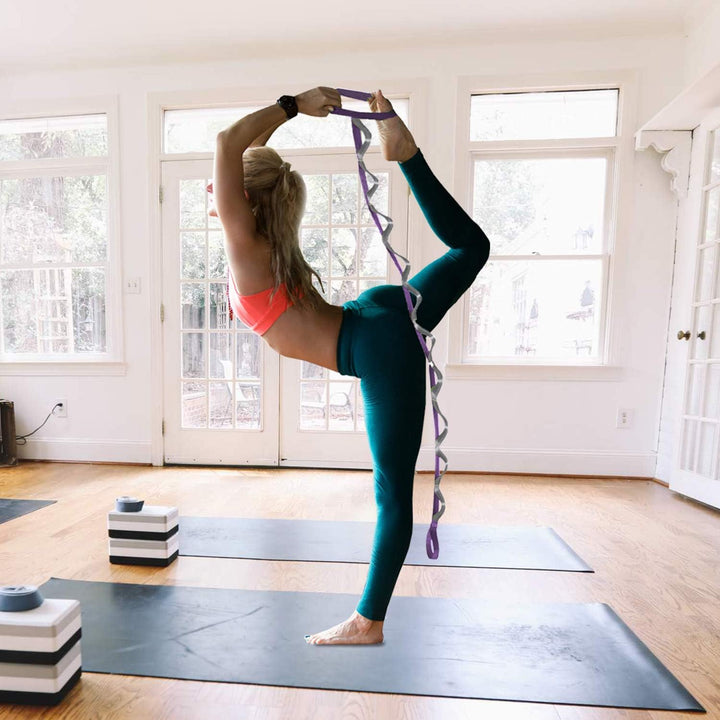 Unisex yoga stretch band with 12 loops for enhanced flexibility, pilates, and full-body fitness workouts.