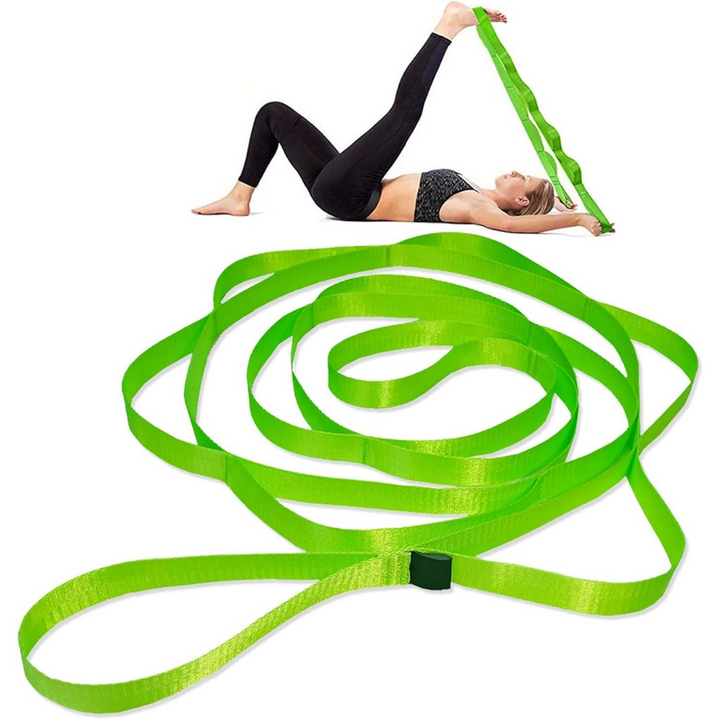 Durable unisex stretch band with 12 loops for yoga, pilates, and effective flexibility & training.