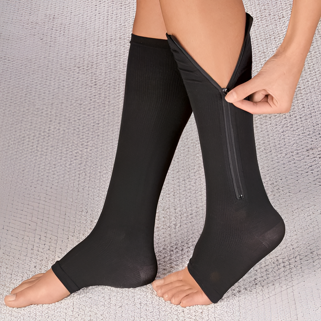 Zippered support stockings, 20-30 mmHg, for edema relief, post-op recovery & travel. Reduces leg swelling.