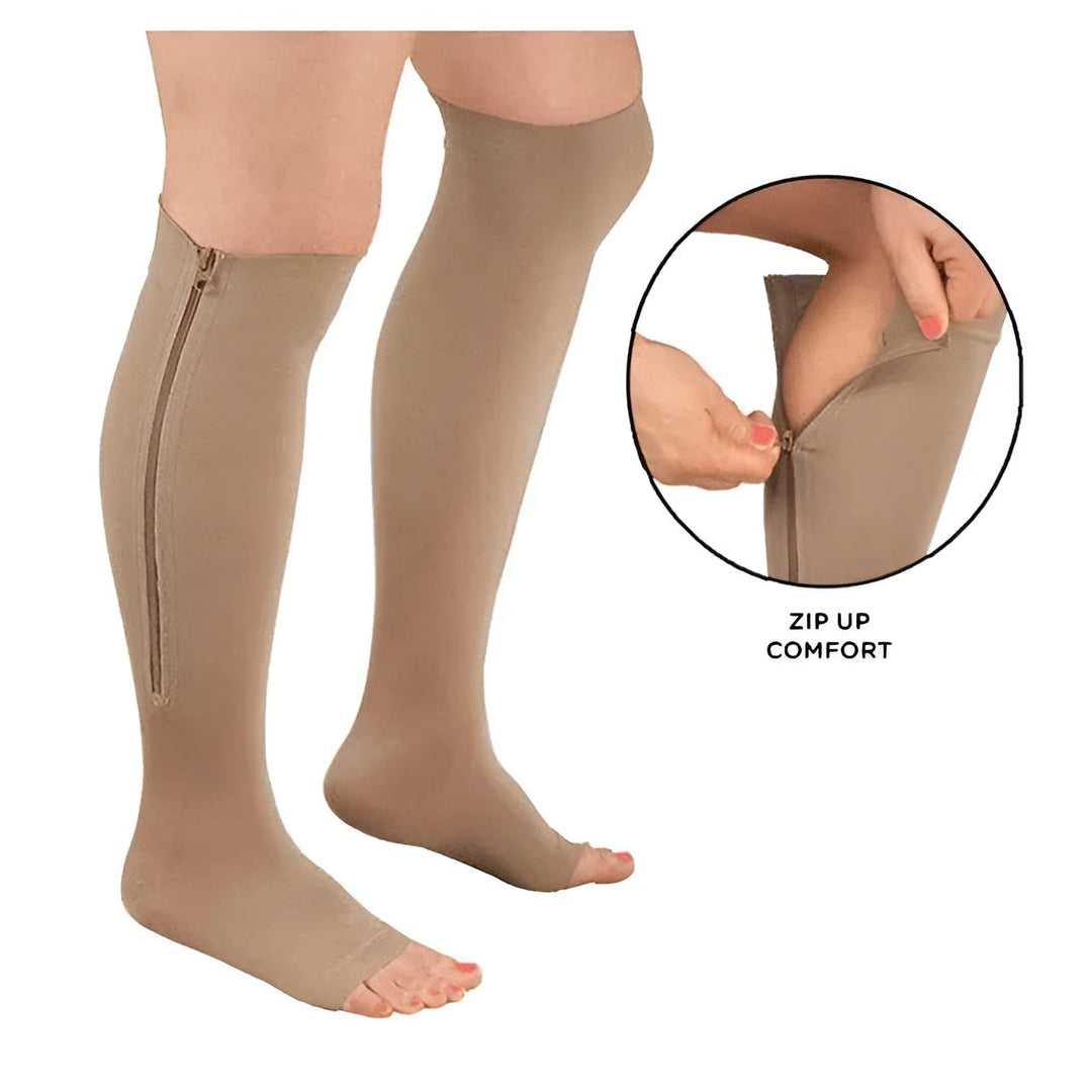 Open-toe zippered compression socks, 20-30 mmHg, offering easy wear & powerful circulation support for legs.
