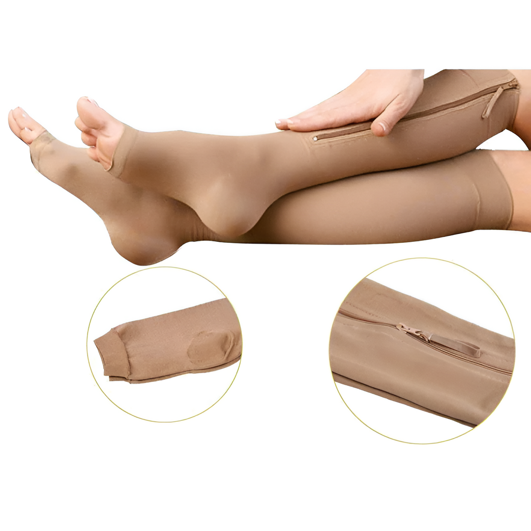 Unisex 20-30 mmHg compression socks with zipper for easy application, relieving leg swelling & fatigue.