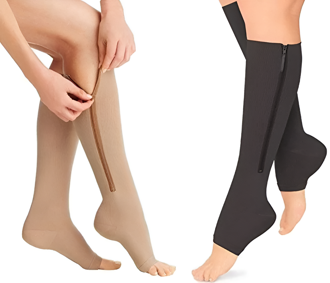 Medical-grade 20-30 mmHg zippered compression stockings, ideal for circulation, DVT prevention & edema.