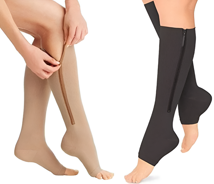 Medical-grade 20-30 mmHg zippered compression stockings, ideal for circulation, DVT prevention & edema.