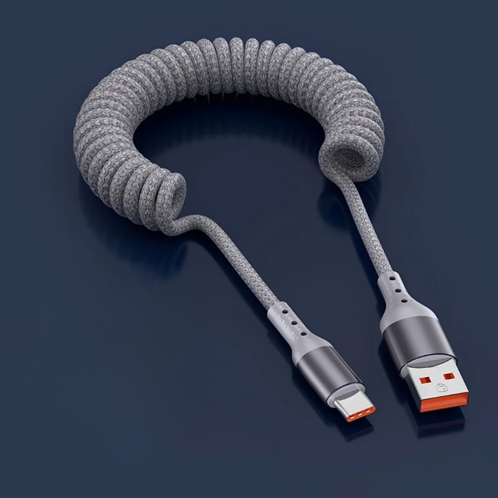 Universal 100W USB-C Spring Fast Charging Cable, coiled design, silver tips