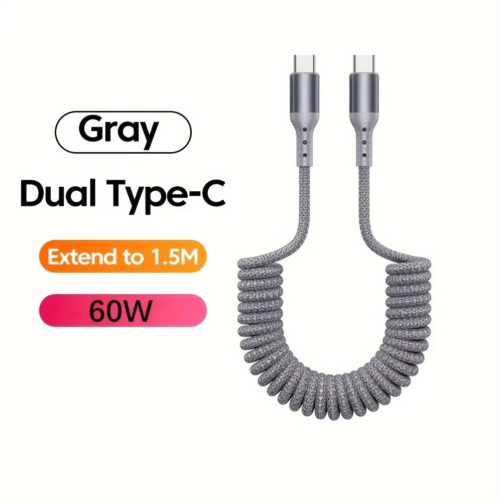 Universal 100W USB-C spring cable fully extended, showing data transfer capability